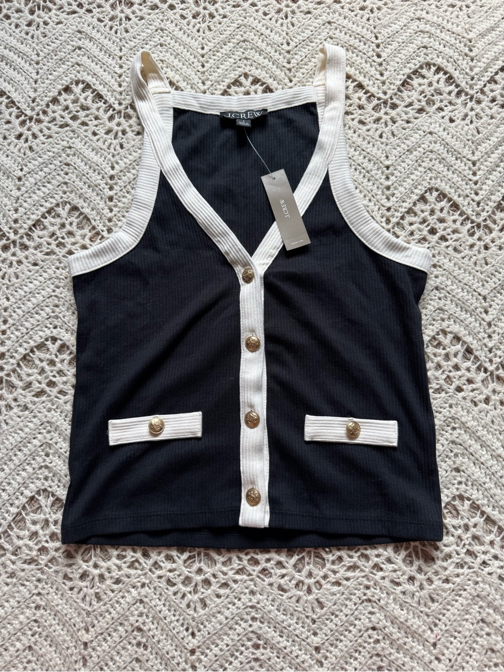 NWT J. Crew Black Vintage Rib Lady Tank with Cream Trim and Gold Buttons Size S